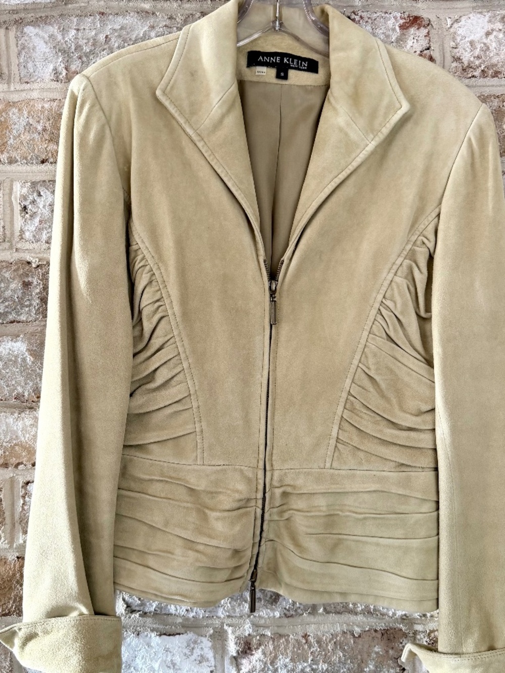 ✨ VINTAGE 90s Anne Klein NY Chartreuse Suede Ruched Zip Jacket MINT - Sz S - Picture 1 of 9